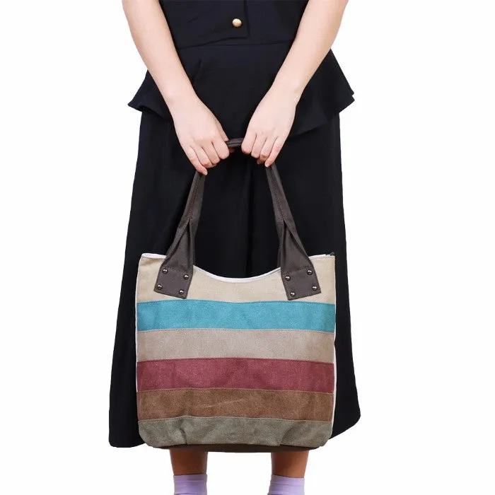 Womens Patchwork Striped Canvas Hobo Shoulder Handbag Multi-Color Casual Messenger Tote Bag