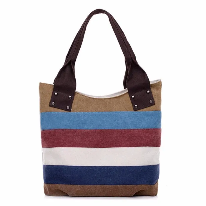Womens Patchwork Striped Canvas Hobo Shoulder Handbag Multi-Color Casual Messenger Tote Bag
