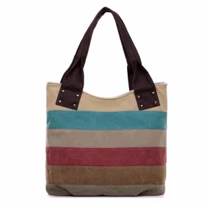 Womens Patchwork Striped Canvas Hobo Shoulder Handbag Multi-Color Casual Messenger Tote Bag