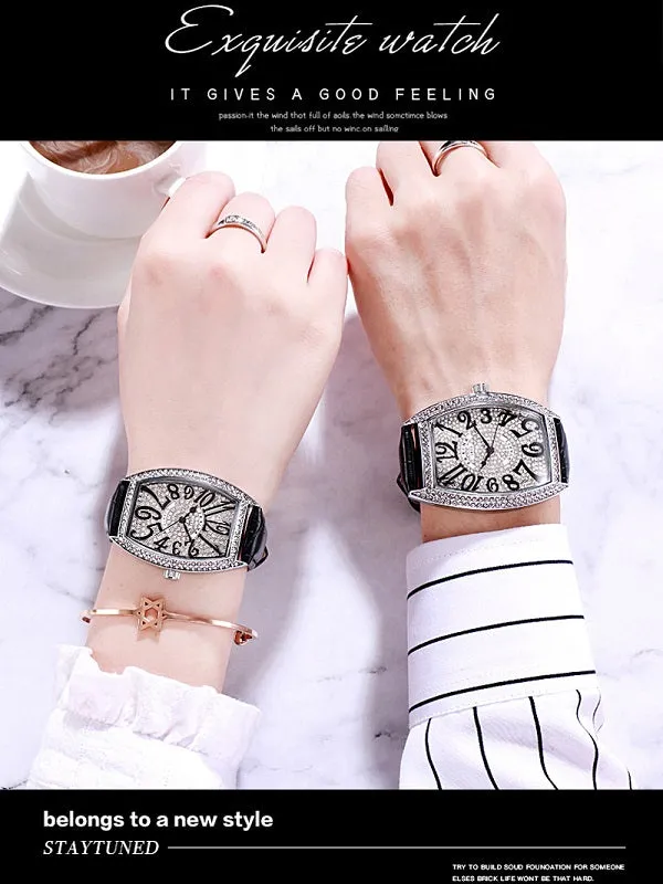 Women's watch Barrel shape with siamond leather strap couple fashion quartz watch
