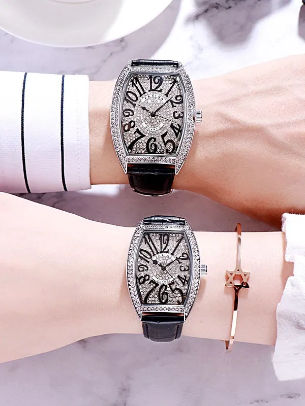 Women's watch Barrel shape with siamond leather strap couple fashion quartz watch