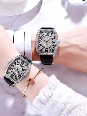 Women's watch Barrel shape with siamond leather strap couple fashion quartz watch