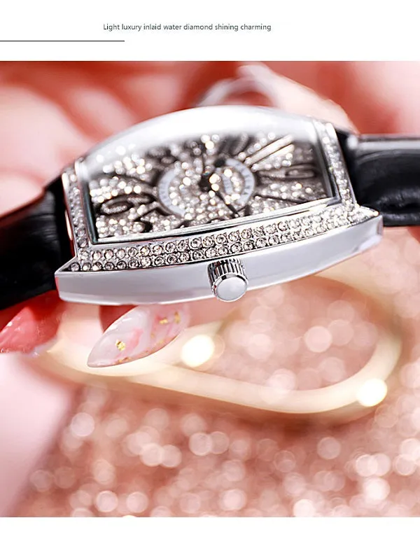 Women's watch Barrel shape with siamond leather strap couple fashion quartz watch