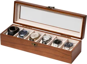 Wooden Watch Organizer with Glass Top Lid & 6 - Slots, walnut
