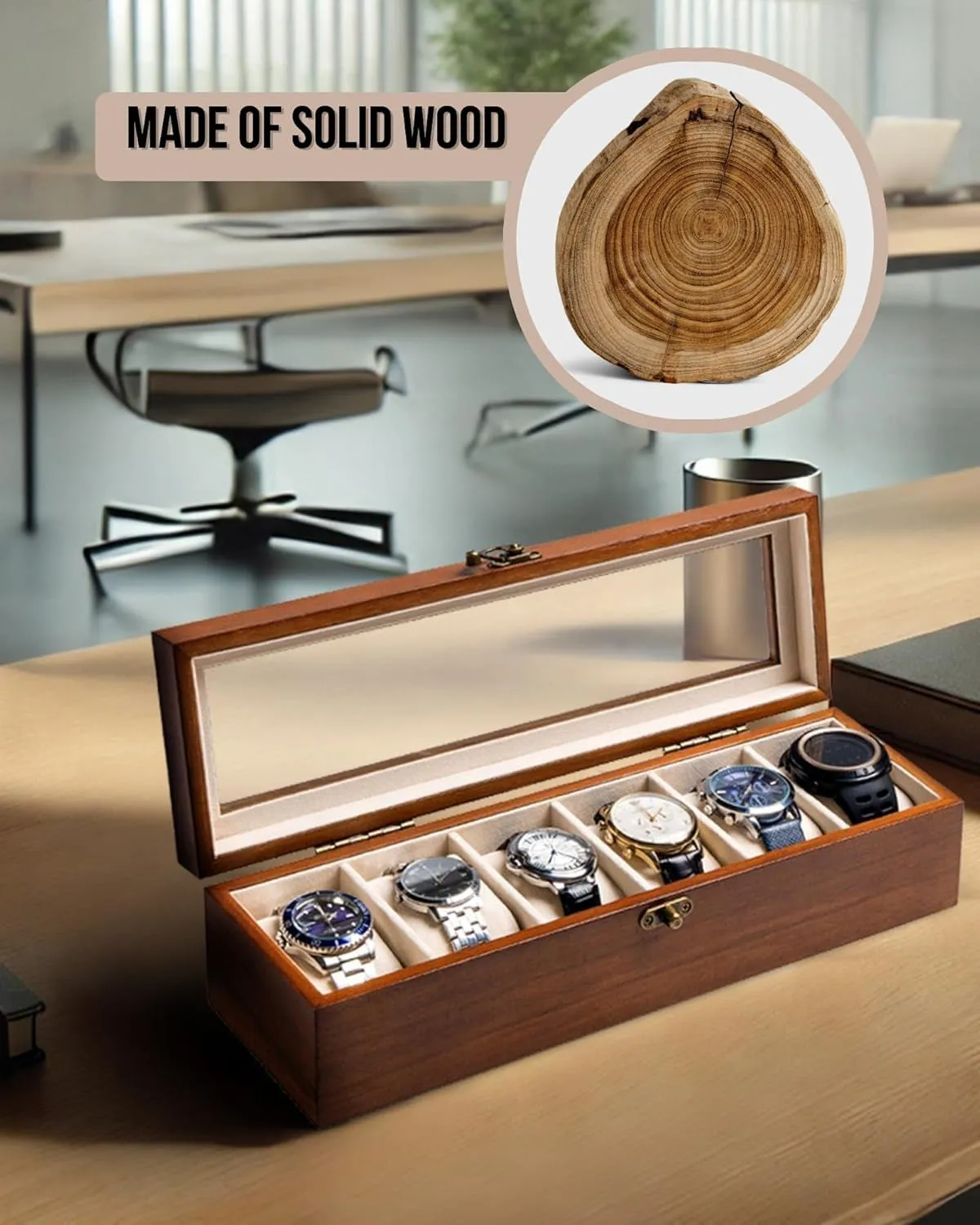 Wooden Watch Organizer with Glass Top Lid & 6 - Slots, walnut