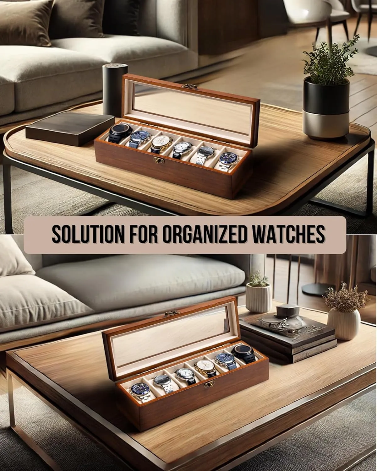 Wooden Watch Organizer with Glass Top Lid & 6 - Slots, walnut