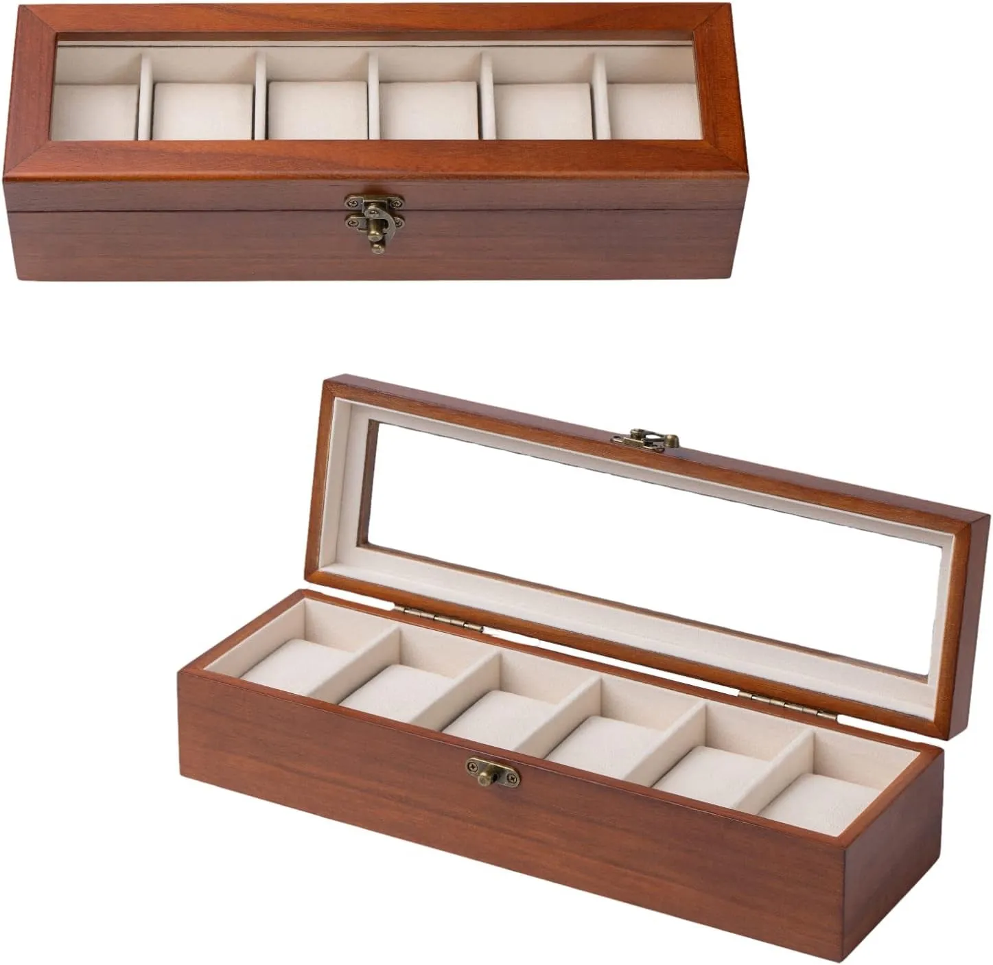 Wooden Watch Organizer with Glass Top Lid & 6 - Slots, walnut