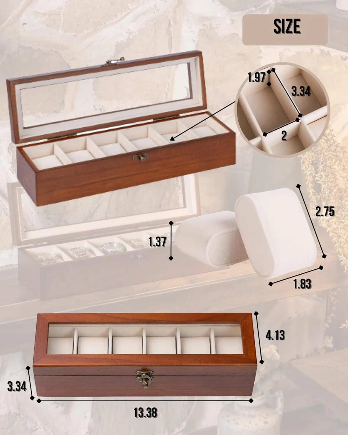 Wooden Watch Organizer with Glass Top Lid & 6 - Slots, walnut
