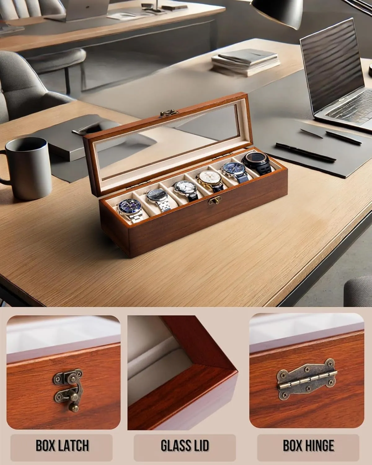 Wooden Watch Organizer with Glass Top Lid & 6 - Slots, walnut