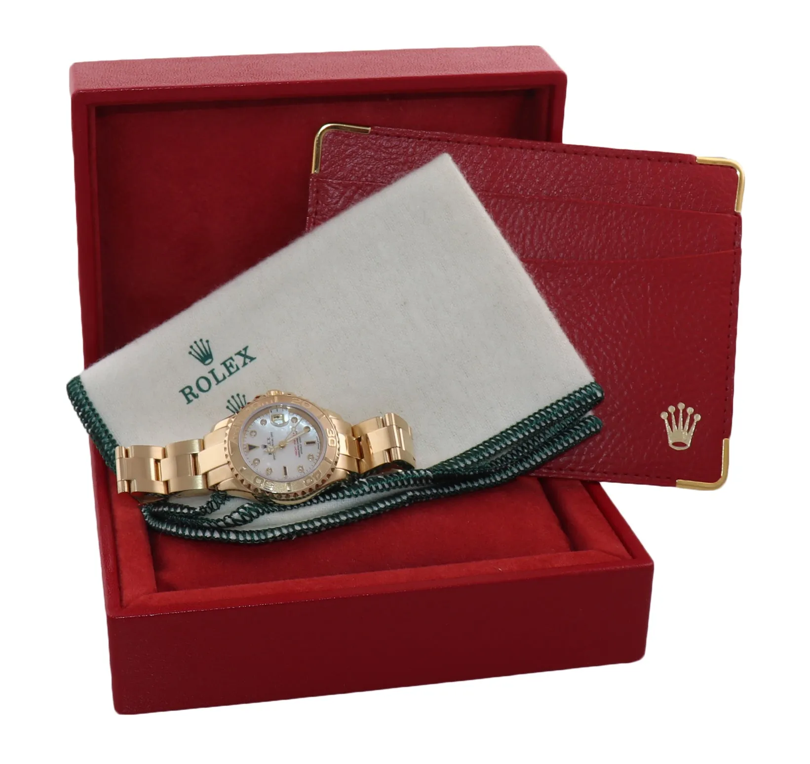 Yellow GOLD Ladies Rolex Yacht-Master 169628 White MOP Diamond Dial Watch Box