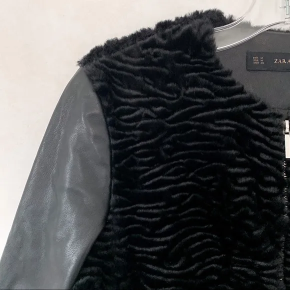 ZARA Black Faux Fur and Vegan Leather Moto Jacket Size Medium
