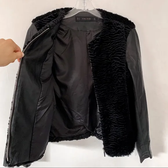ZARA Black Faux Fur and Vegan Leather Moto Jacket Size Medium