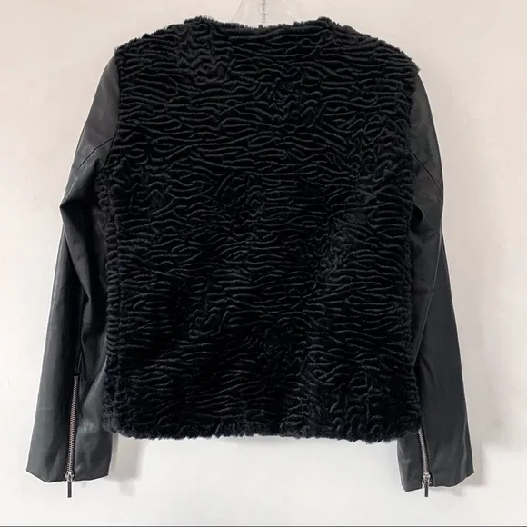 ZARA Black Faux Fur and Vegan Leather Moto Jacket Size Medium